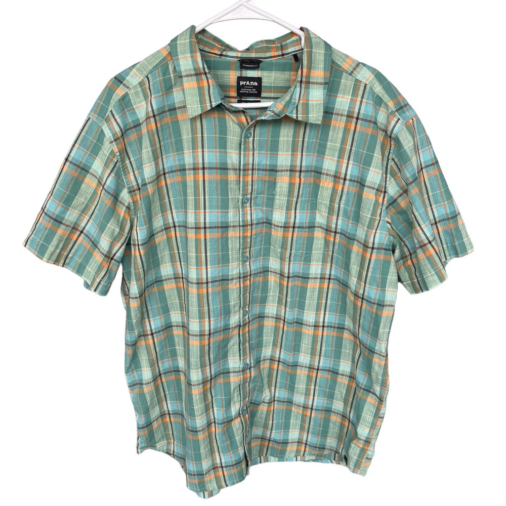 Prana Men's Short Sleeve Plaid Button-Up Shirt - Teal/Orange